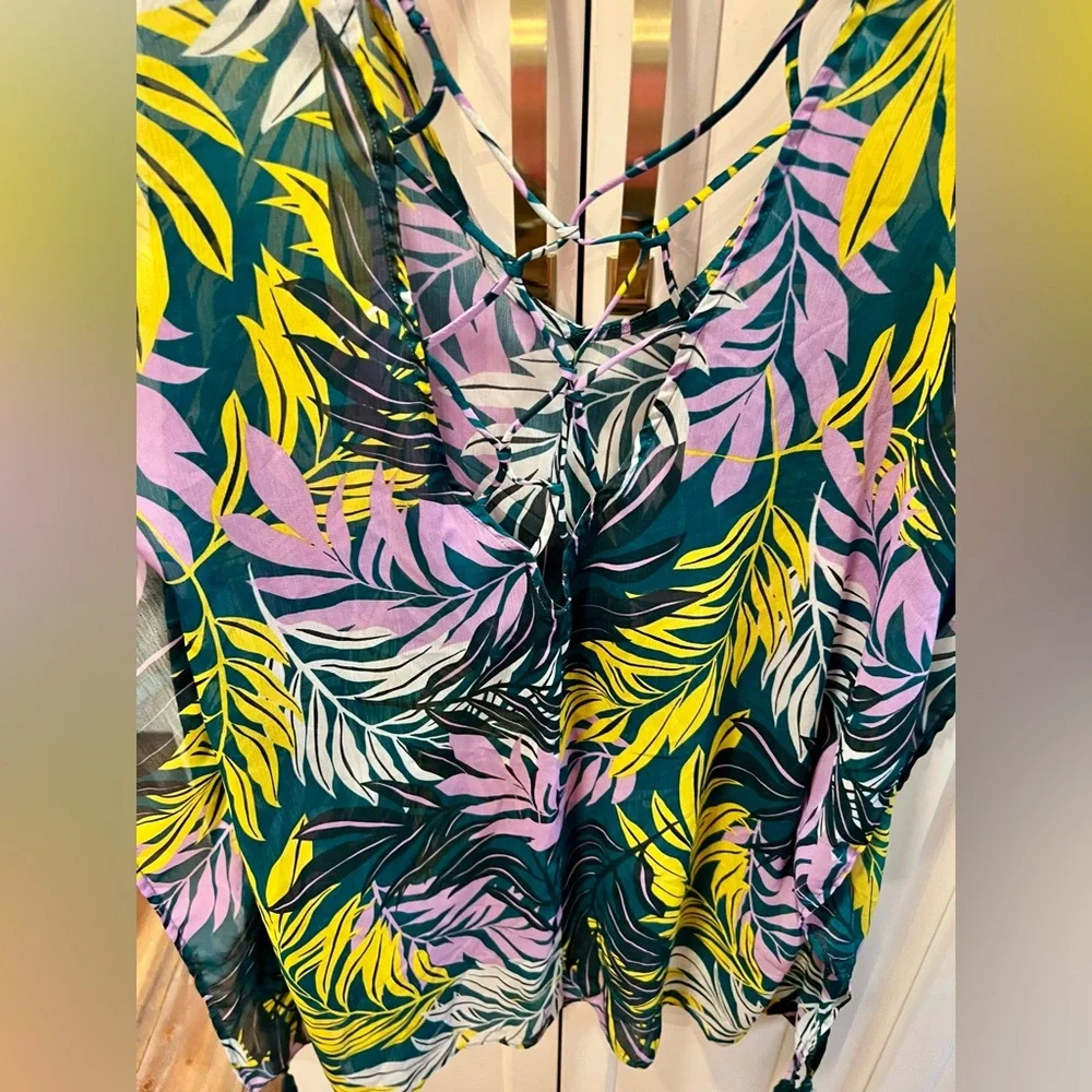 Women’s M/L. Swim Cover-Up — Tropical Leaves Print, Teal Multicolor, shear.  B6